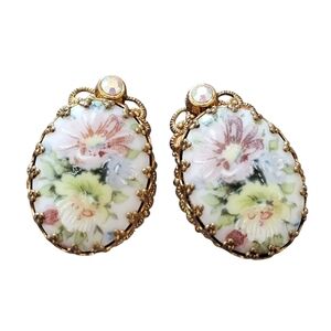Vintage Western Germany Earrings Hand Painted Porcelain  Floral Gold Clip On
